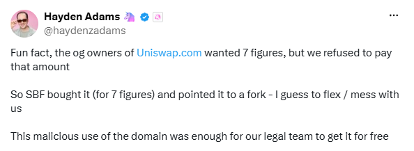 Сэм Бэнкман-Фрид купил Uniswap.com за семизначную сумму, чтобы навредить Uniswap